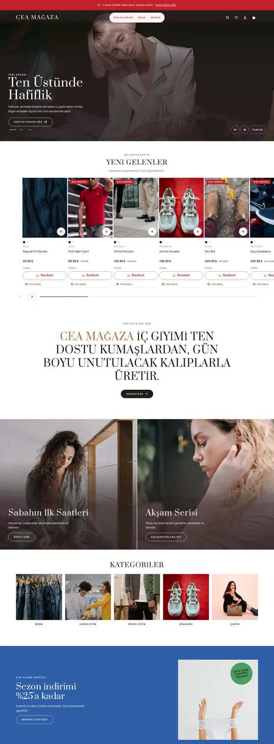 Comforte — İç Giyim ve Ev Giyimi temasının vitrin ana sayfası