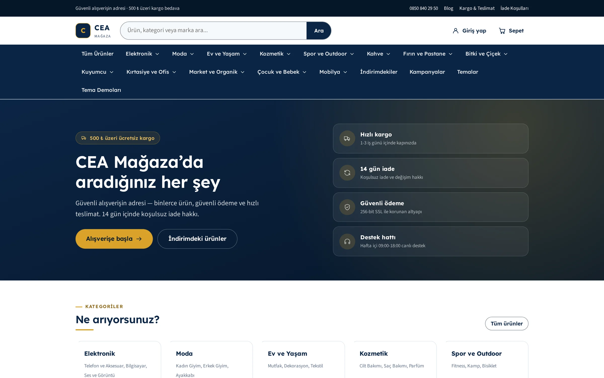 Kurumsal temasının masaüstü genişliğindeki görünümü