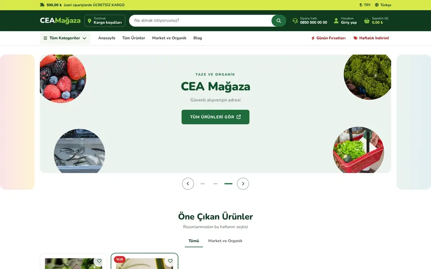 OrganiFresh — Market ve Organik Gıda temasının masaüstü görünümü