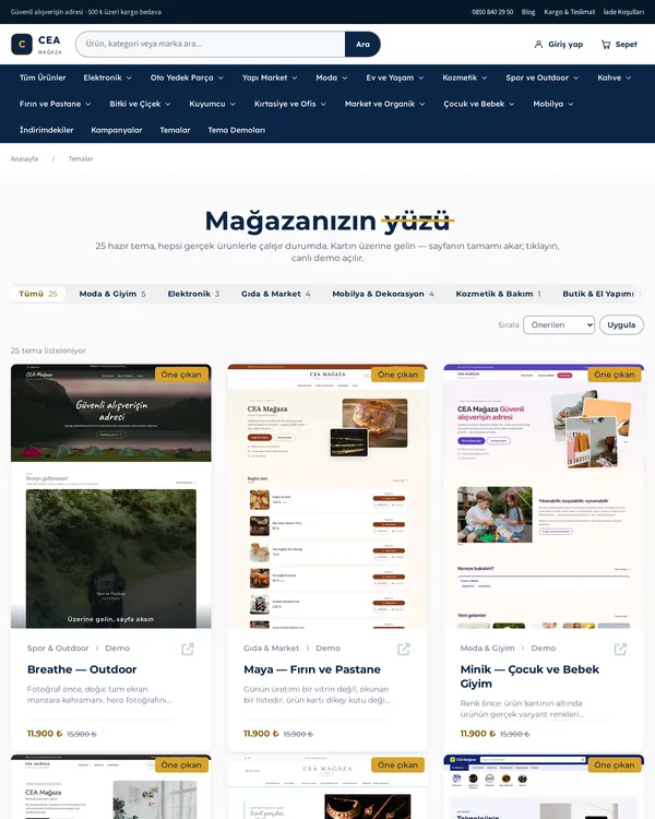 Tema pazarı sayfasının görünümü